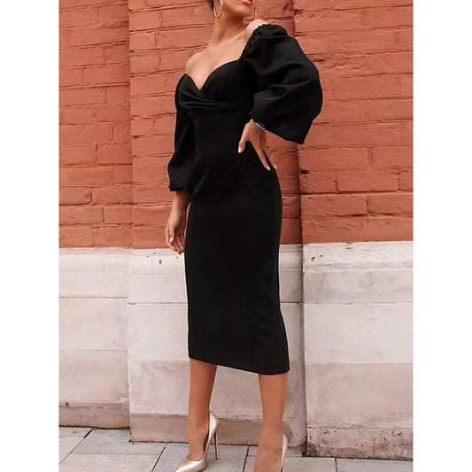 flowersverse Women's Casual Dress Sheath Dress Semi Formal Dress Plain Ruched Square Neck Puff Sleeve Midi Dress Classic Mature Daily Date Long Sleeve Slim Black Winter Fall S M L XL