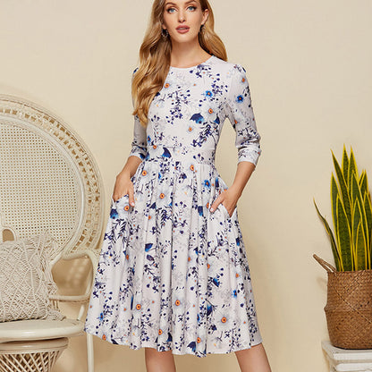 flowersverse Floral Pleated Round Neck Dress for Women