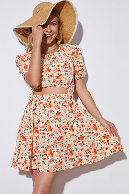 flowersverse Floral Cutout Short Puff Sleeve Dress