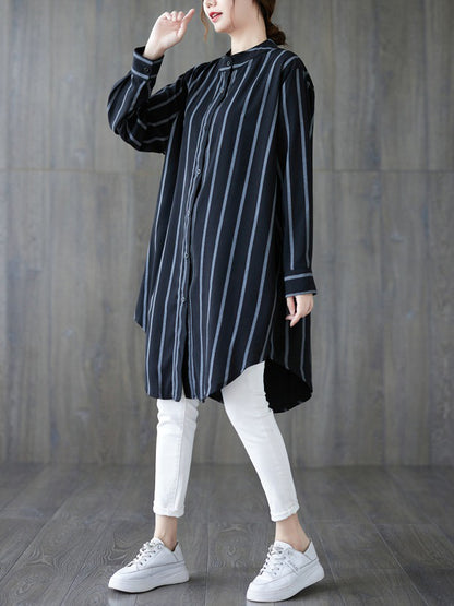 flowersverse Buttoned Striped Long Sleeves Loose Blouses&Shirts Tops