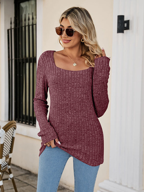 flowersverse Casual Long Sleeves Skinny Solid Color Square-Neck Sweater Tops