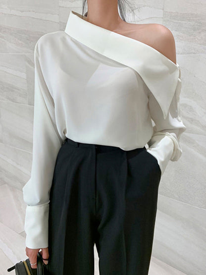 flowersverse Asymmetric Buttoned See-Through Solid Color Long Sleeves One-Shoulder Blouses&Shirts Tops