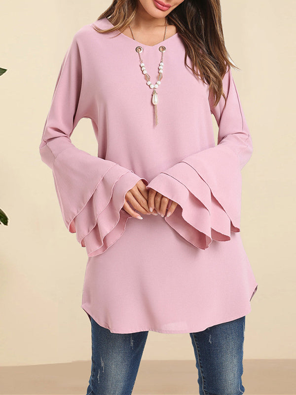 flowersverse Hollow Layered Flared Sleeves Long Sleeves V-Neck Blouses&Shirts Tops