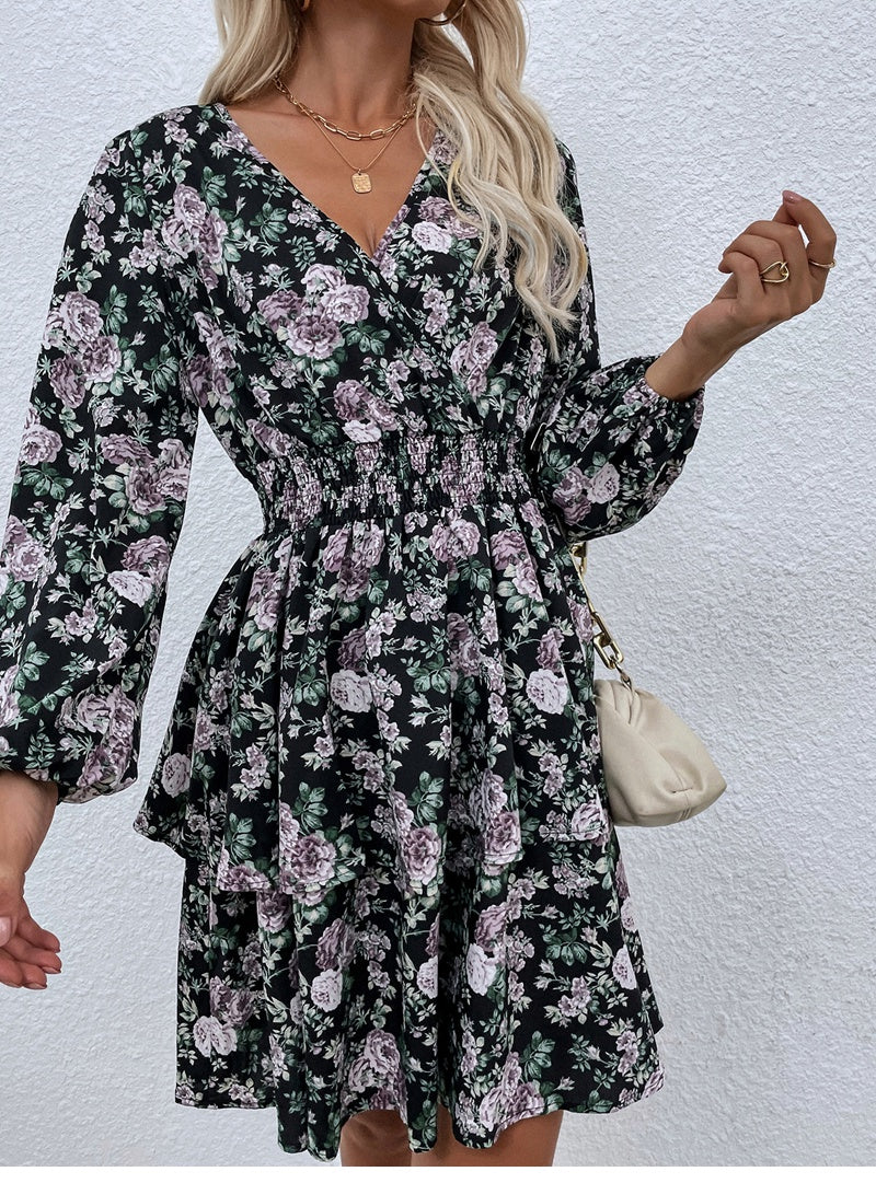 flowersverse Women Spring Fall V Neck Long Sleeve Floral A Line Dress For Ladies Fashion Puff Sleeve Printed All Match Waist Dress