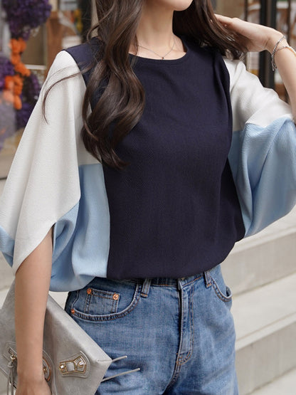 flowersverse Contrast Color Batwing Sleeves Half Sleeves Round-neck Blouses&shirts Tops