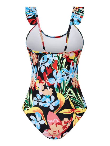 flowersverse Vacation Floral Printing Scoop Neck One Piece Swimsuit