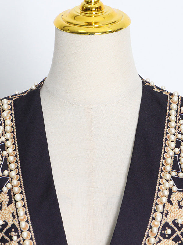 flowersverse Original Creation Loose Long Sleeves Beads Printed V-Neck Blazer Outerwear