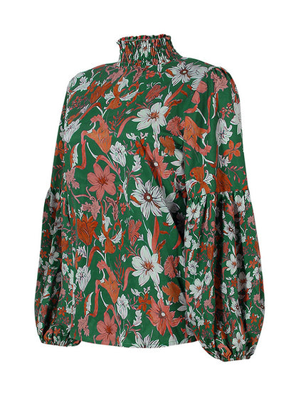 flowersverse Bohemia Loose Puff Sleeves Floral Printed Shirt Top