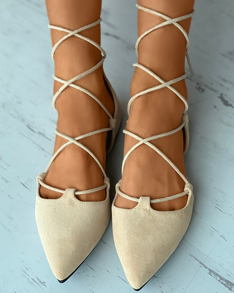 flowersverse Pointed Toe Suede Strappy Slip-On Flats