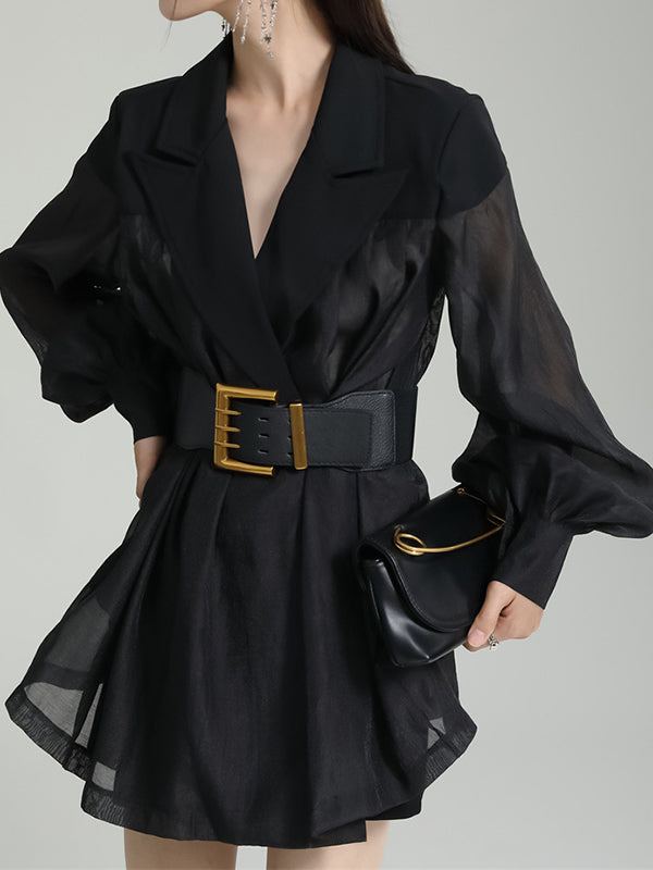 flowersverse See-Through Split-Joint Tied Waist Loose Puff Sleeves Lapel Blouses&Shirts Tops