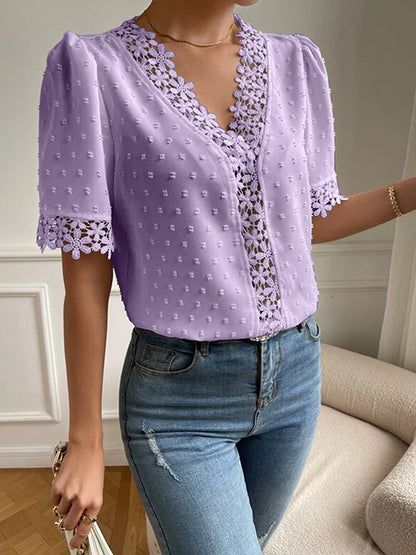 flowersverse Applique Solid Color Loose Short Sleeves V-neck Blouses&shirts Tops