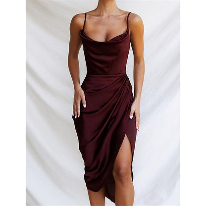 flowersverse Women's Semi Formal Dress Party Dress Satin Dress Sheath Dress Midi Dress Wine Sleeveless Pure Color Backless Winter Fall Spring Spaghetti Strap Fashion Party Slim  S M L