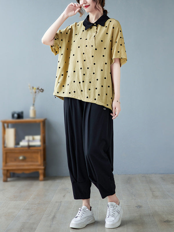 flowersverse Artistic Retro Loose Polka-Dot Blouse