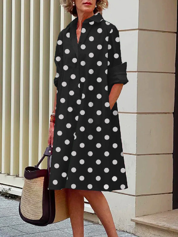 flowersverse Vintage Long Sleeves Polka Dot Lapel Midi Dresses