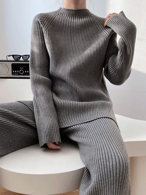 flowersverse Urban Loose Solid Round-Neck Split-Side Sweater& Wide Leg Pants Suits