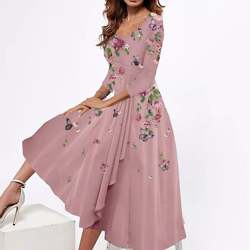 flowersverse Women's Sexy V-neck Loose Floral Print Mid-length Dresses