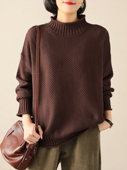 flowersverse Casual Loose Long Sleeves Solid Color High-Neck Sweater Tops