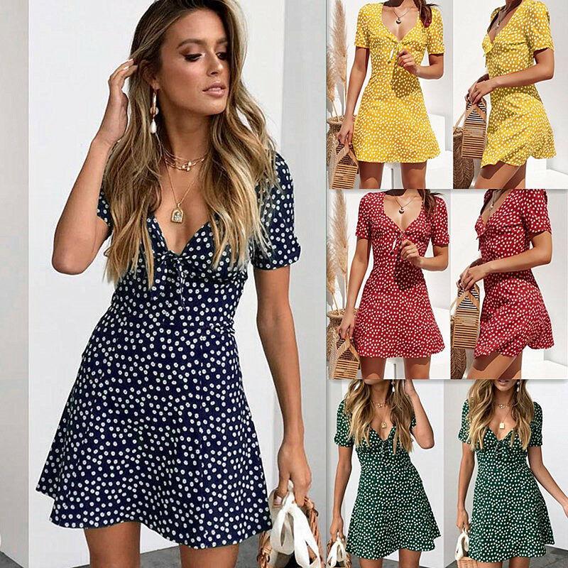 flowersverse Summer Short Sleeve Floral Boho Dress Party Evening Beach V neck Dress