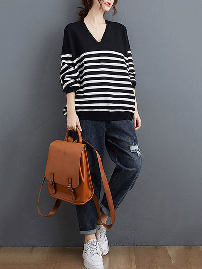 flowersverse Artistic Retro Casual Loose Striped V-Neck Long Sleeves Knitted Sweater