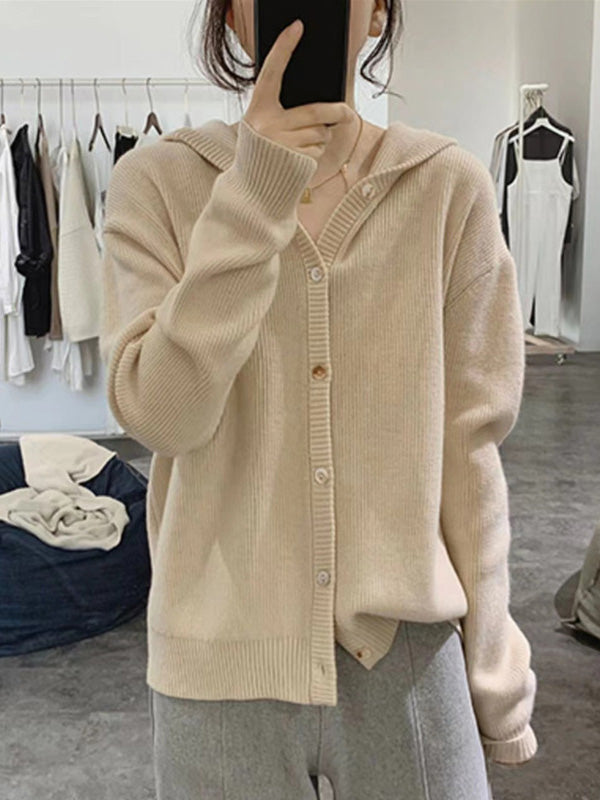 flowersverse Simple Loose Long Sleeves Buttoned Solid Color Hooded Sweater Cardigan Coats