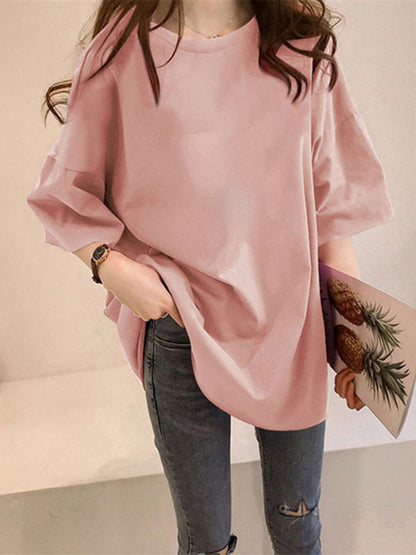 flowersverse Casual Loose Puff Sleeve Round-Neck T-Shirts Tops