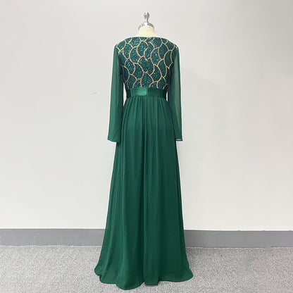 flowersverse chiffon Patchwork sequined long skirt v-neck long-sleeved a hem elastic waist evening dress