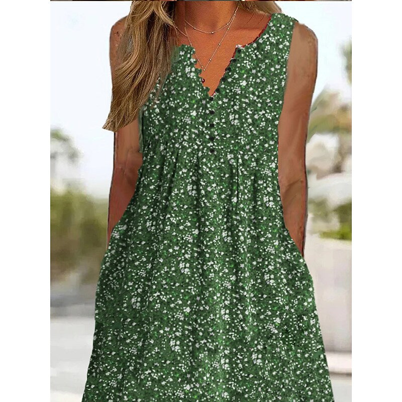 flowersverse Women's Casual Dress Tank Dress Floral Dress Floral Ruched Button V Neck Midi Dress Fashion Modern Outdoor Daily Sleeveless Regular Fit Green Spring Summer S M L XL XXL