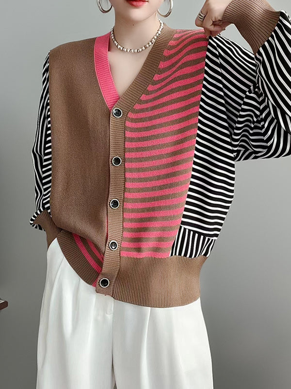 flowersverse Buttoned Contrast Color Split-Joint Striped Long Sleeves Loose V-Neck Knitwear Cardigan Tops