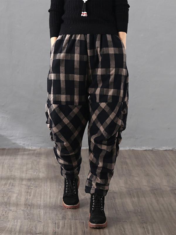 flowersverse Vintage Plaid Thickening Pleated Harem Pants