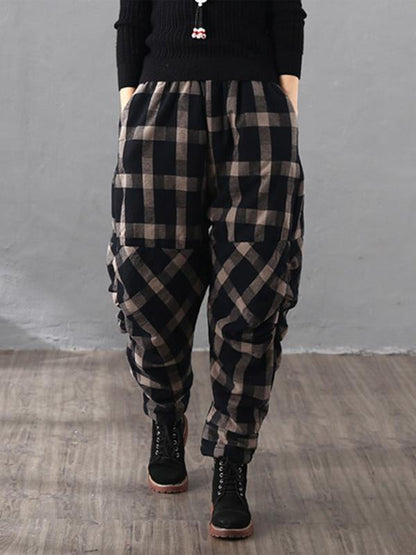 flowersverse Vintage Plaid Thickening Pleated Harem Pants