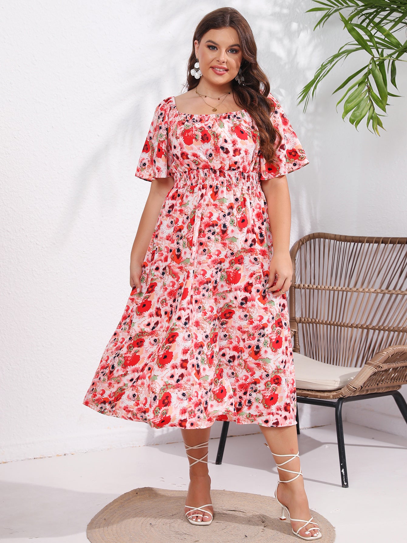 flowersverse Summer Plus Size Women's Square Neck Short Sleeve Casual Trendy Floral Dress