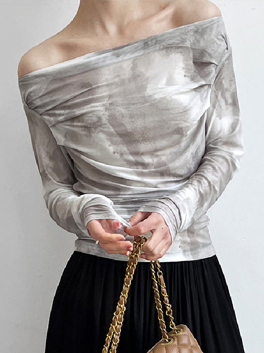 flowersverse Gauze Pleated Split-Joint Tie-Dyed Skinny Sun-Protection Off-The-Shoulder Blouses&Shirts Tops