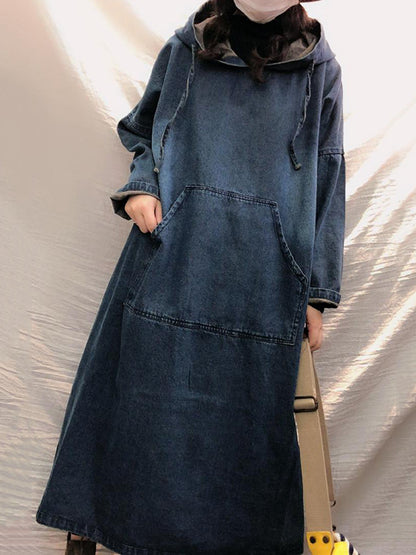 flowersverse Vintage Loose Denim Drawstring Hooded Midi Dress