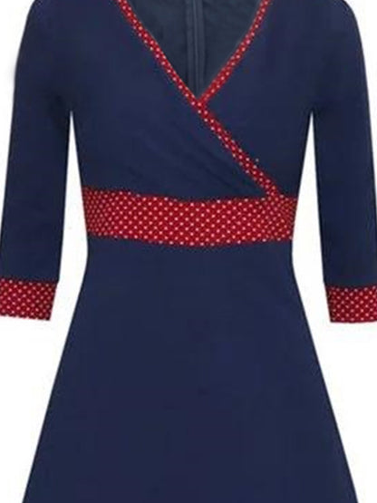 flowersverse Vintage Long Sleeve Polka Dots Printed V Neck Plus Size Casual Knitting Dress