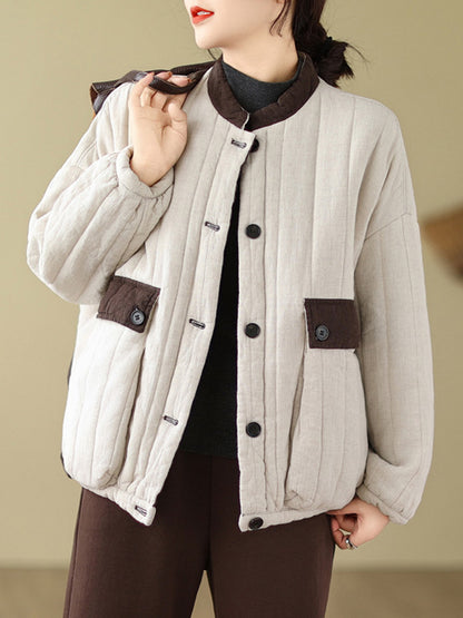 flowersverse Buttoned Pockets Quilted Split-Joint Long Sleeves Loose Round-neck Padded Coat