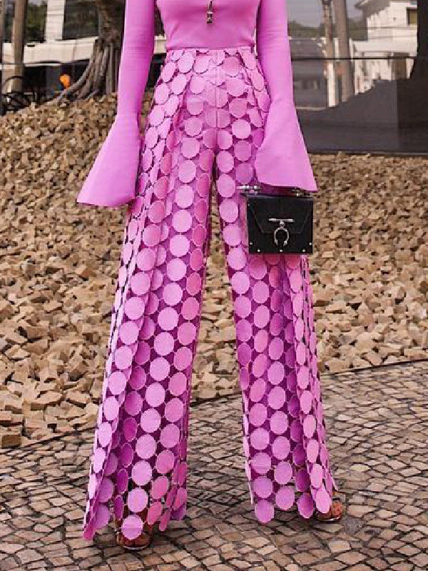 flowersverse High Waisted Wide Leg Hollow Polka Dot Solid Color Pants Trousers