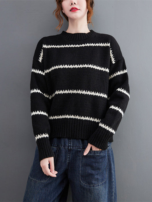 flowersverse Casual Loose Long Sleeves Striped Round-Neck Sweater Tops