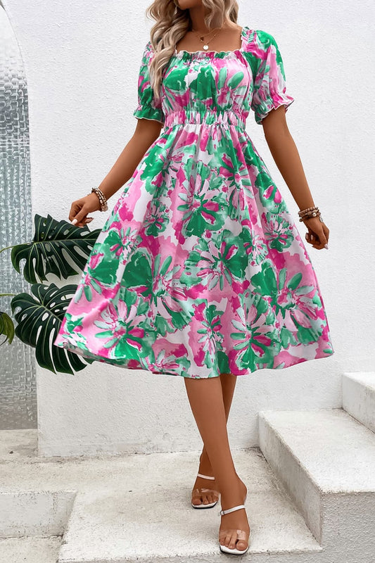 flowersverse Vibrant Floral Frill Trim Square Neck Midi Dress