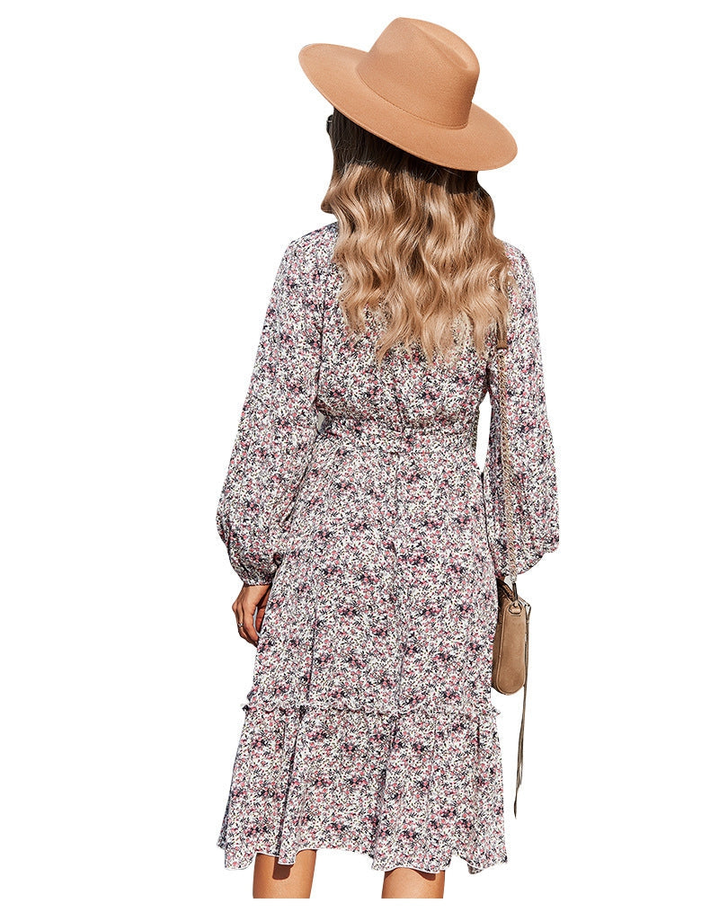 flowersverse Autumn Winter Sexy V Neck Print Dress Women Casual Full Sleeve Bandage Medium Long Floral Dresses High Wasit