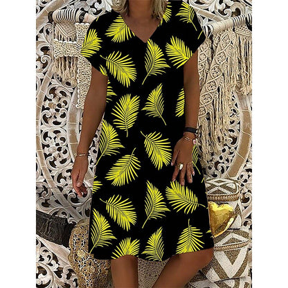 flowersverse Women's Casual Dress Print Dress Loose Dress Floral Print V Neck Midi Dress Active Fashion Outdoor Daily Short Sleeve Regular Fit Black Yellow Blue Spring Summer S M L XL XXL