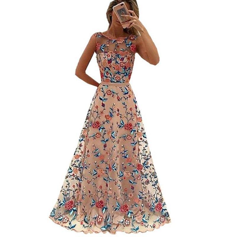 flowersverse Floral embroidered long mesh dress Women sleeveless high waist runway maxi dresses Elegant ladies party dresses robe vestidos