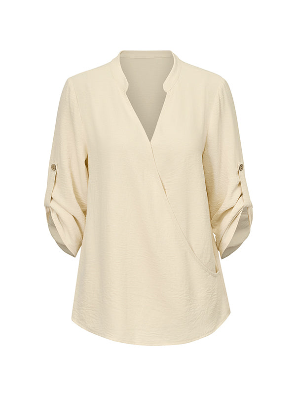 flowersverse Asymmetric Buttoned Solid Color Long Sleeves Loose V-Neck Blouses&Shirts Tops