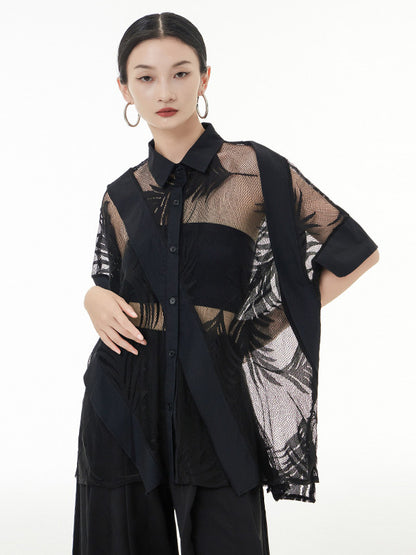 flowersverse Stylish Loose Half Sleeves Buttoned Mesh Hollow See-Through Blouses&Shirts Tops