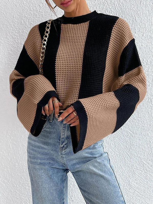 flowersverse Contrast Color Striped Flared Sleeves Round-Neck Sweater Tops Pullovers