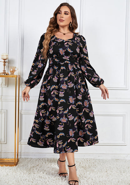 flowersverse Printed Loose Chic Slim Waist Slim Fit High Waist Long Sleeve Floral Dress Women