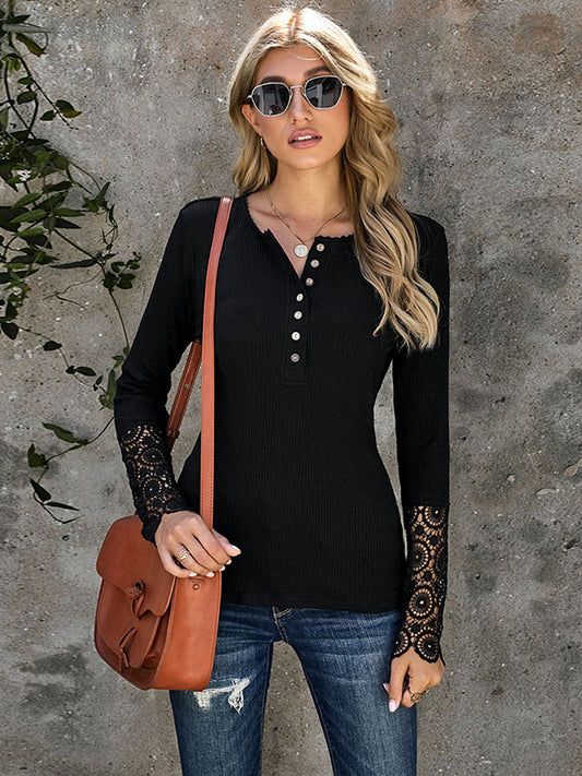 flowersverse Casual Loose Buckle Solid Deep V-Neck Shirts Top