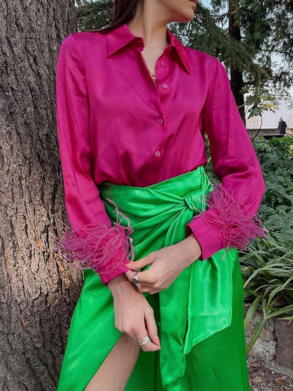 flowersverse Loose Wrap Feathers Solid Color Split-Joint Lapel Collar Blouses&Shirts Tops