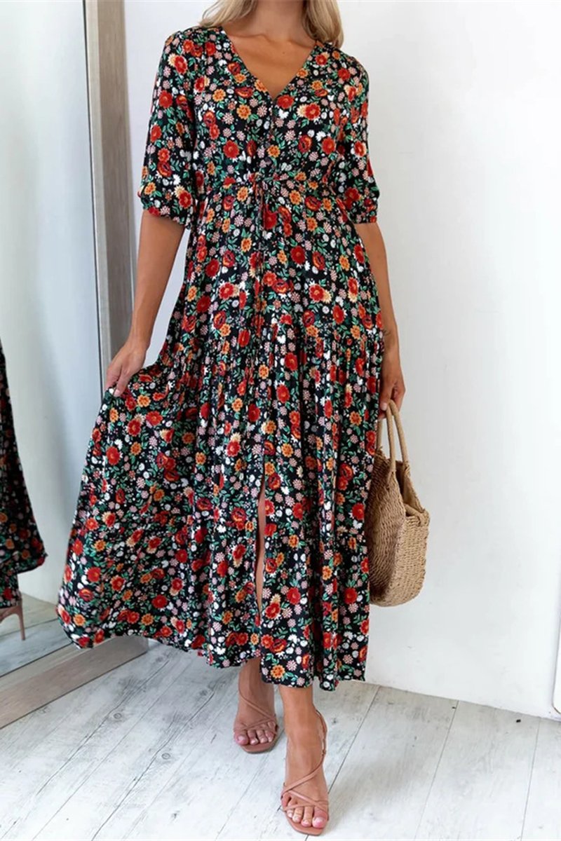 flowersverse Floral Print V-Neck Slit Maxi Dress