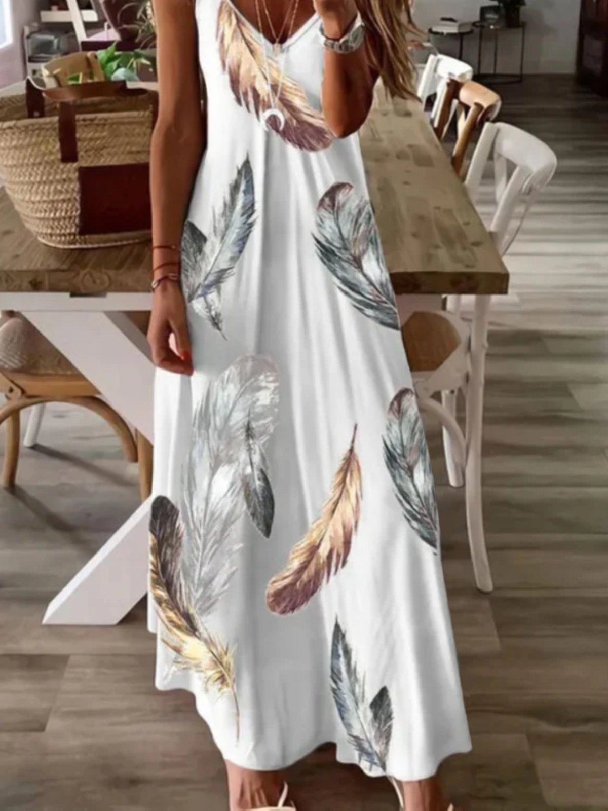 flowersverse Casual Feather Sleeveless V Neck Plus Size Printed Dress