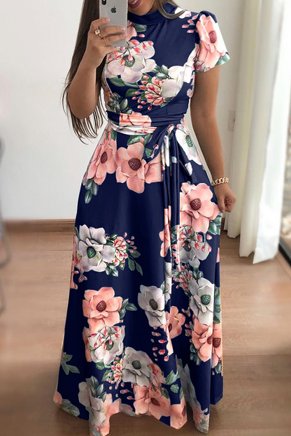 flowersverse Casual Print Half A Turtleneck Waist Skirt Dresses(3 Colors)